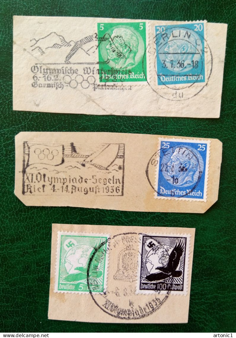 Fragments (3) With Commemorative Postmarks For The 1936 Berlin & Garmisch Summer & Winter Olympic Games On German Stamps - Inverno1936: Garmisch-Partenkirchen