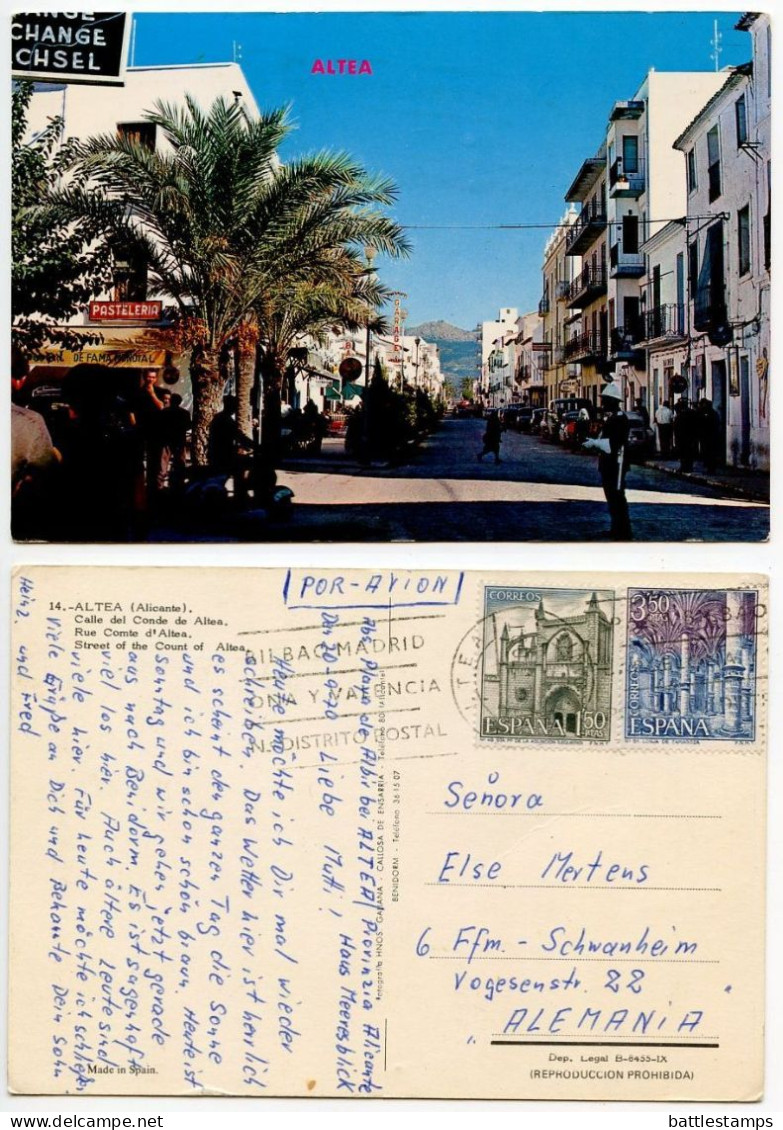 Spain 1970 Postcard Altea, Alicante - Calle Del Conde De Altea; Architecture - 1.50p Lequemo & 3.50p Zaragoza Stamps - Alicante