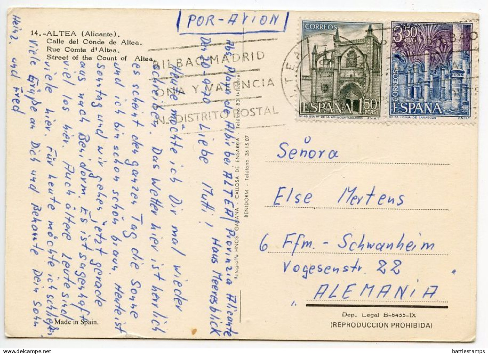 Spain 1970 Postcard Altea, Alicante - Calle Del Conde De Altea; Architecture - 1.50p Lequemo & 3.50p Zaragoza Stamps - Alicante