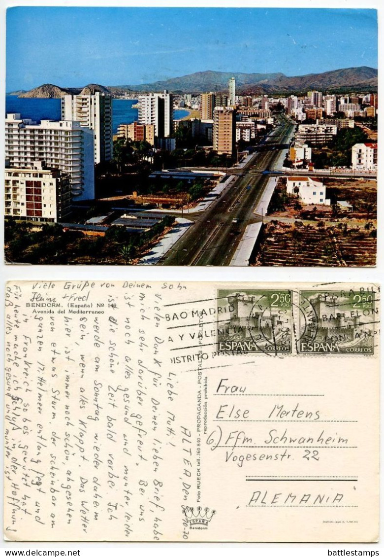 Spain 1970 Postcard Benidorm - Avenida Del Mediterraneo; 2.50p Villasobroso Castle, Pontevedra (pair) Stamps - Alicante