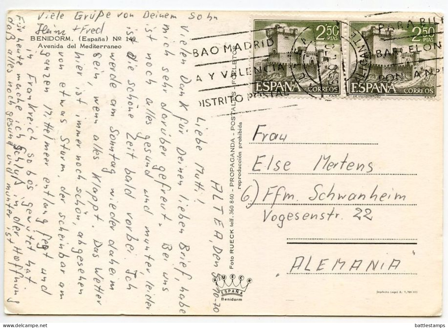 Spain 1970 Postcard Benidorm - Avenida Del Mediterraneo; 2.50p Villasobroso Castle, Pontevedra (pair) Stamps - Alicante