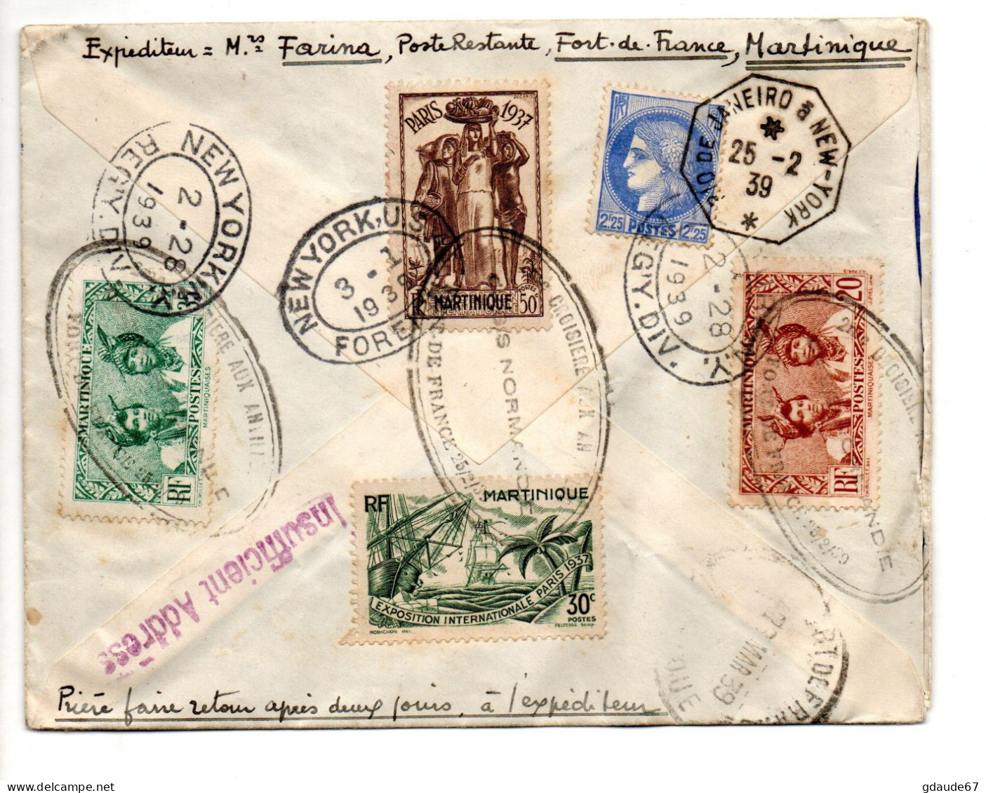 1939 - POSTE MARITIME - ENVELOPPE Avec CACHET 2eme CROISIERE AUX ALLIES  DU S/S NORMANDIE FORT DE FRANCE MARTINIQUE - Lettres & Documents