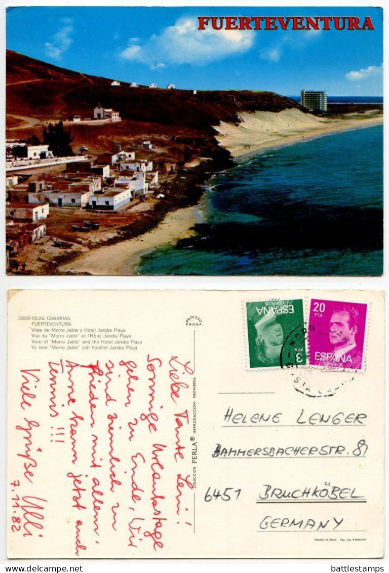 Spain 1982 Postcard Fuerteventura, Islas Canarias - Morro Jabel & Hotel Jandia Playa; Morro Jable, Costa Calma Postmark - Fuerteventura