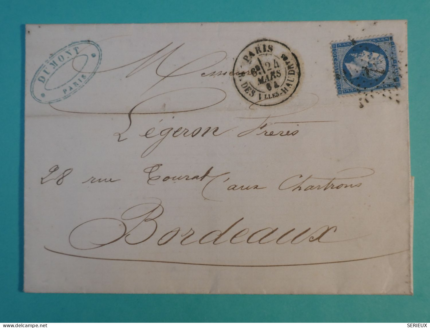 DI 3 FRANCE BELLE LETTRE 1864  ETOILE DE PARIS N° 7  A BORDEAUX  ++ +AFF. INTERESSANT+++++ - 1849-1876: Classic Period