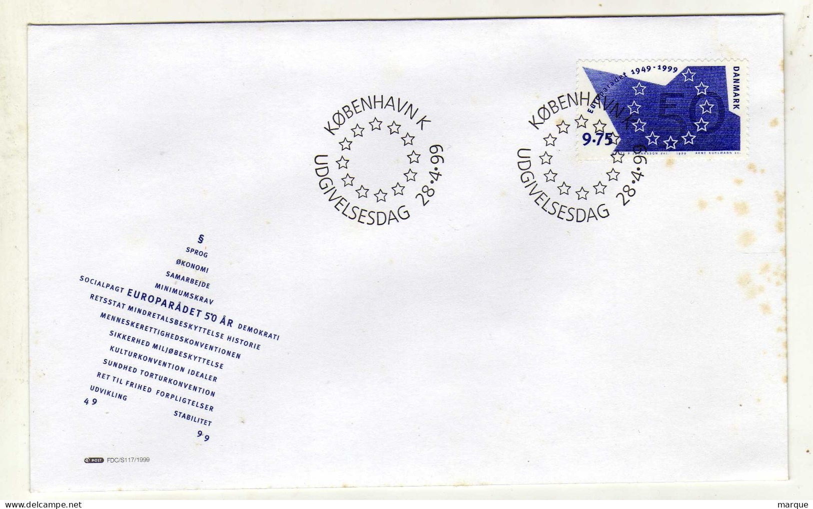 Enveloppe 1er Jour DANEMARK DANMARK Oblitération KOBENHAVN K 28/04/1999 - FDC