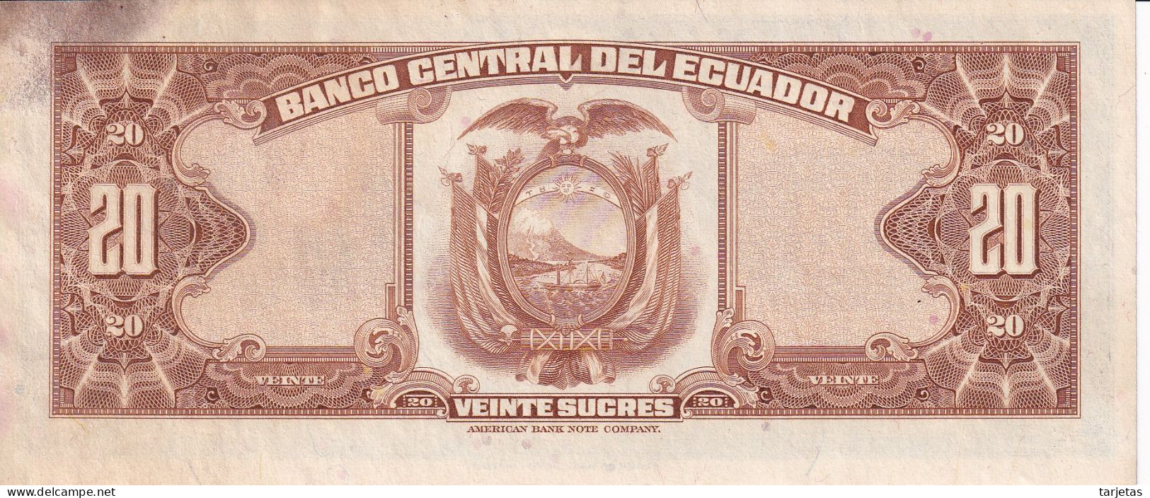 BILLETE DE ECUADOR DE 20 SUCRES DEL AÑO 1971  (BANK NOTE) - Equateur