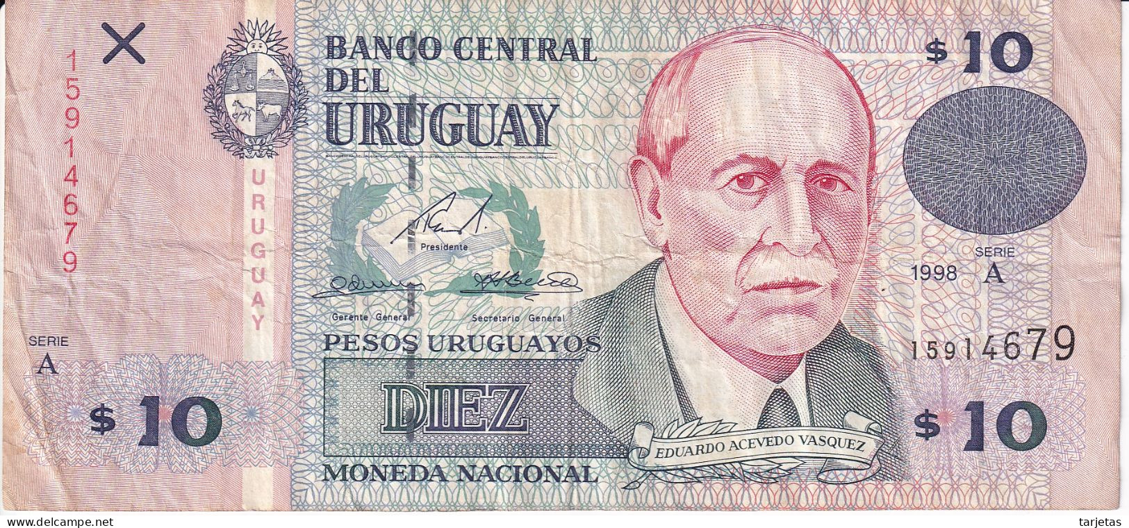 BILLETE DE URUGUAY DE 10 PESOS DEL AÑO 1998 (BANKNOTE) - Uruguay