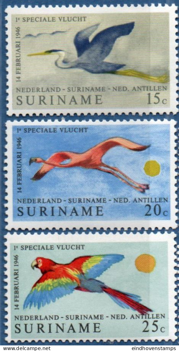 Suriname 1971 Birds Comm Spec.air Connect Netherlands 25 Yr 3 Val MNH Blue Heron, American Flamingo, Ara Macao - Flamingo