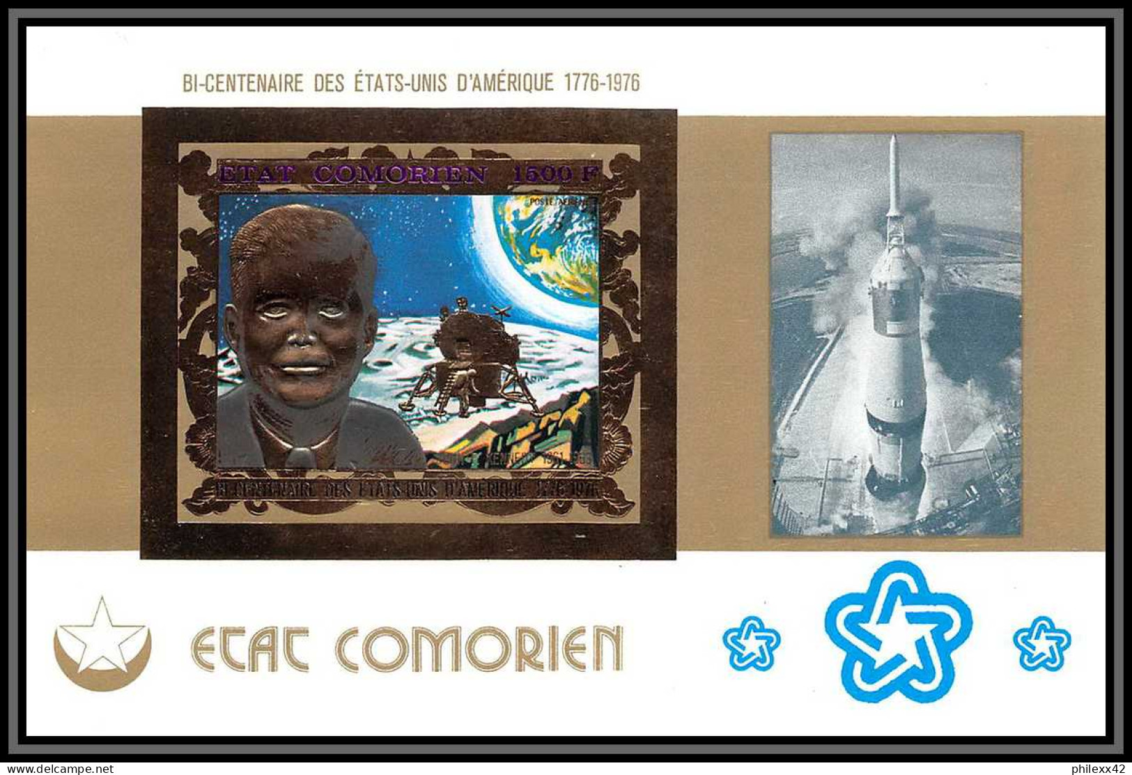 85713a N°67 B 1976 Bi-centennial USA Kennedy Espace Space Comores Etat Comorien OR Gold Non Dentelé Imperf ** MNH - Onafhankelijkheid USA