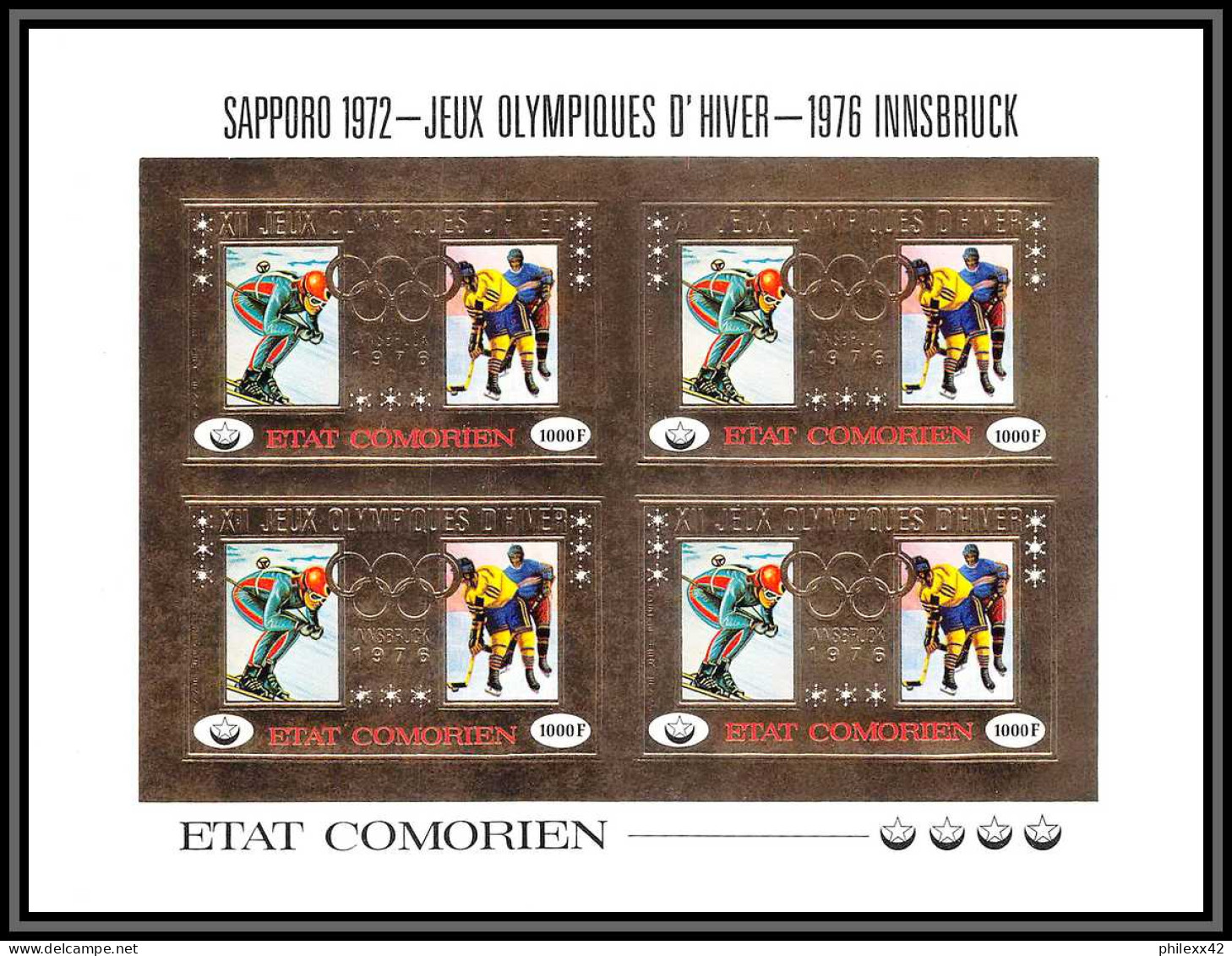 85719 Bloc 4 273 B Innsbruck 1976 Jeux Olympiques Olympics Hockey Comores Etat Comorien OR Gold MNH Non Dentelé Imperf - Inverno1976: Innsbruck