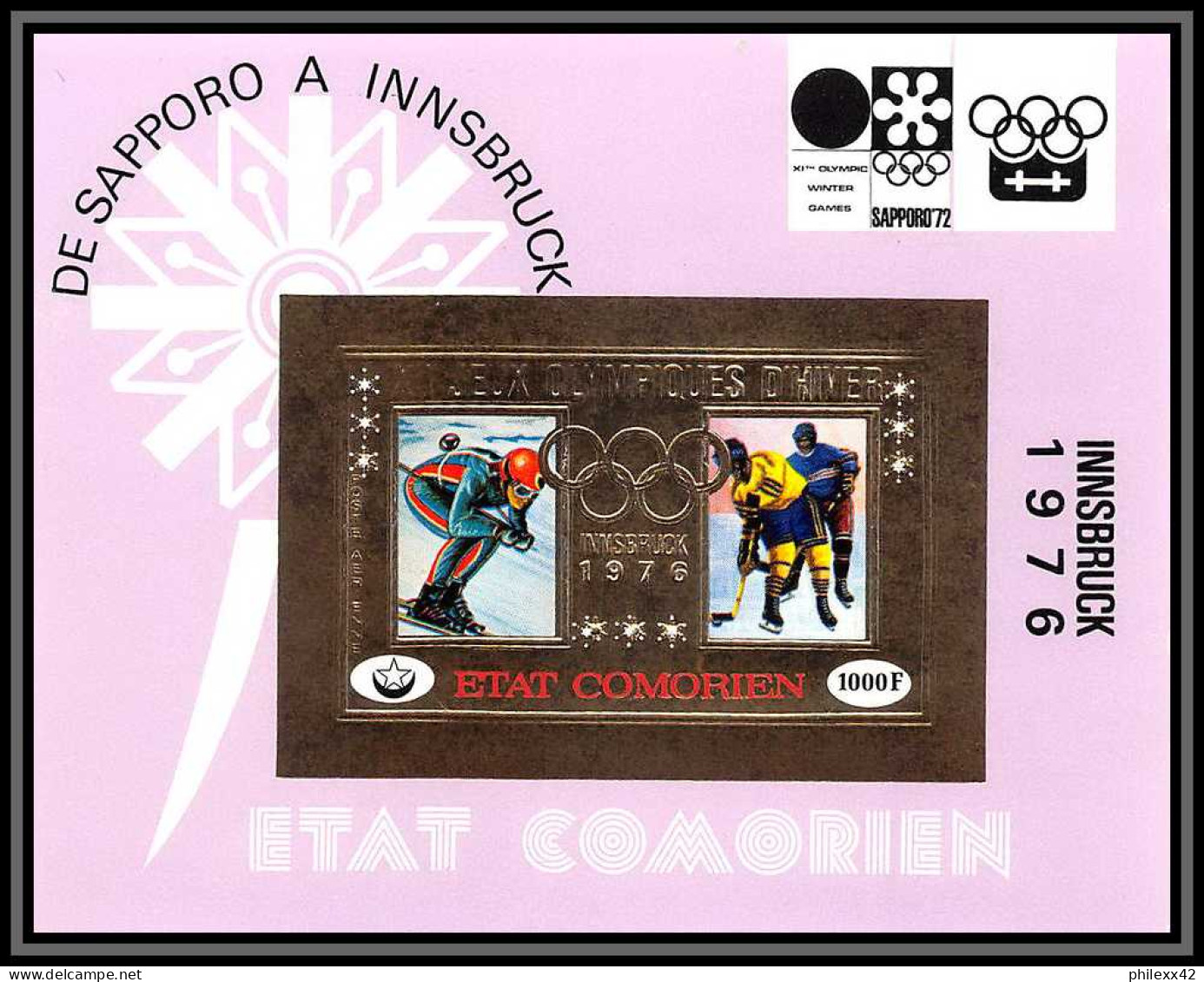 85721A BF N°27 B Innsbruck 1976 Jeux Olympiques Olympic Games Comores Etat Comorien OR Gold ** MNH Non Dentelé Imperf - Winter 1976: Innsbruck