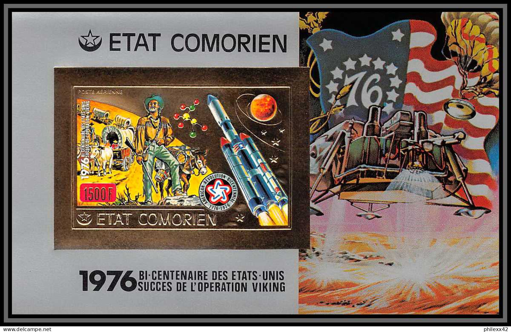 85731a BF N°58 B Bi-centennial USA Espace Space Viking Comores Comoros Etat Comorien OR Gold ** MNH Non Dentelé Imperf - Us Independence