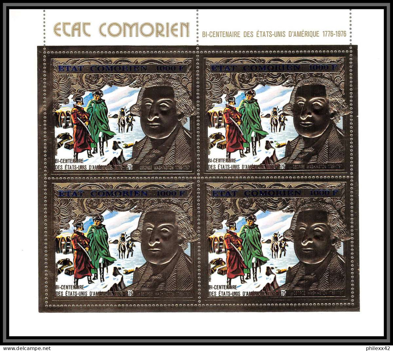 85738 N°264 A USA Bi-centennial Washington 1976 Comores Etat Comorien Timbres OR Gold Stamps ** MNH Bloc 4 - Indépendance USA
