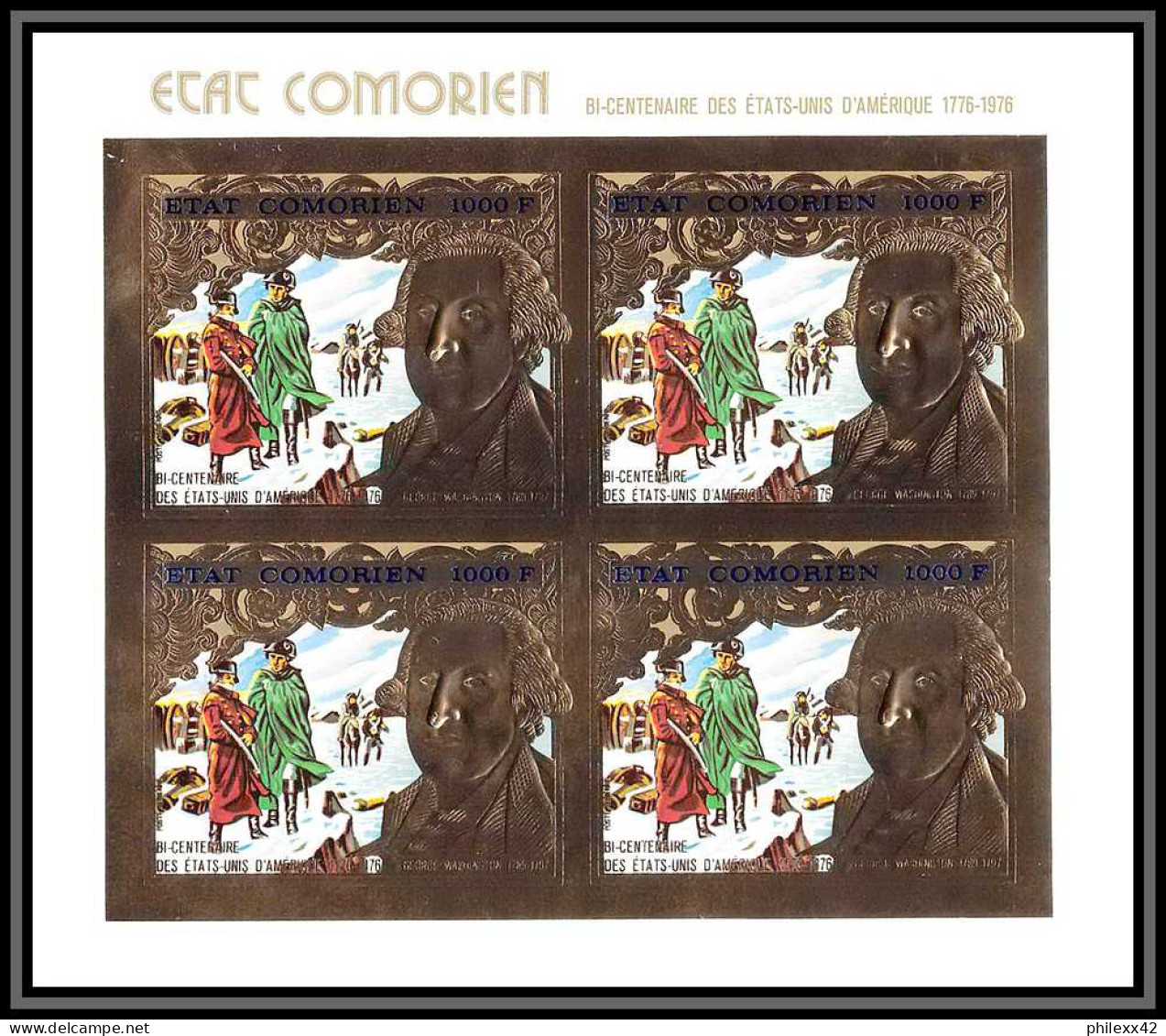 85739 N°264 B USA Bi-centennial Washington 1976 Comores Etat Comorien OR Gold Stamps ** MNH BLOC 4 Non Dentelé Imperf - Unabhängigkeit USA