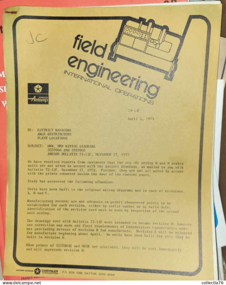 VIEUX PAPIERS LOTS DE 76 PLANS DE CLIMATISEUR CHRYSLER AIRTEMP 1977 ET DOCUMENTATION TECHNIQUE DE CHRYSLER AIRTEMP