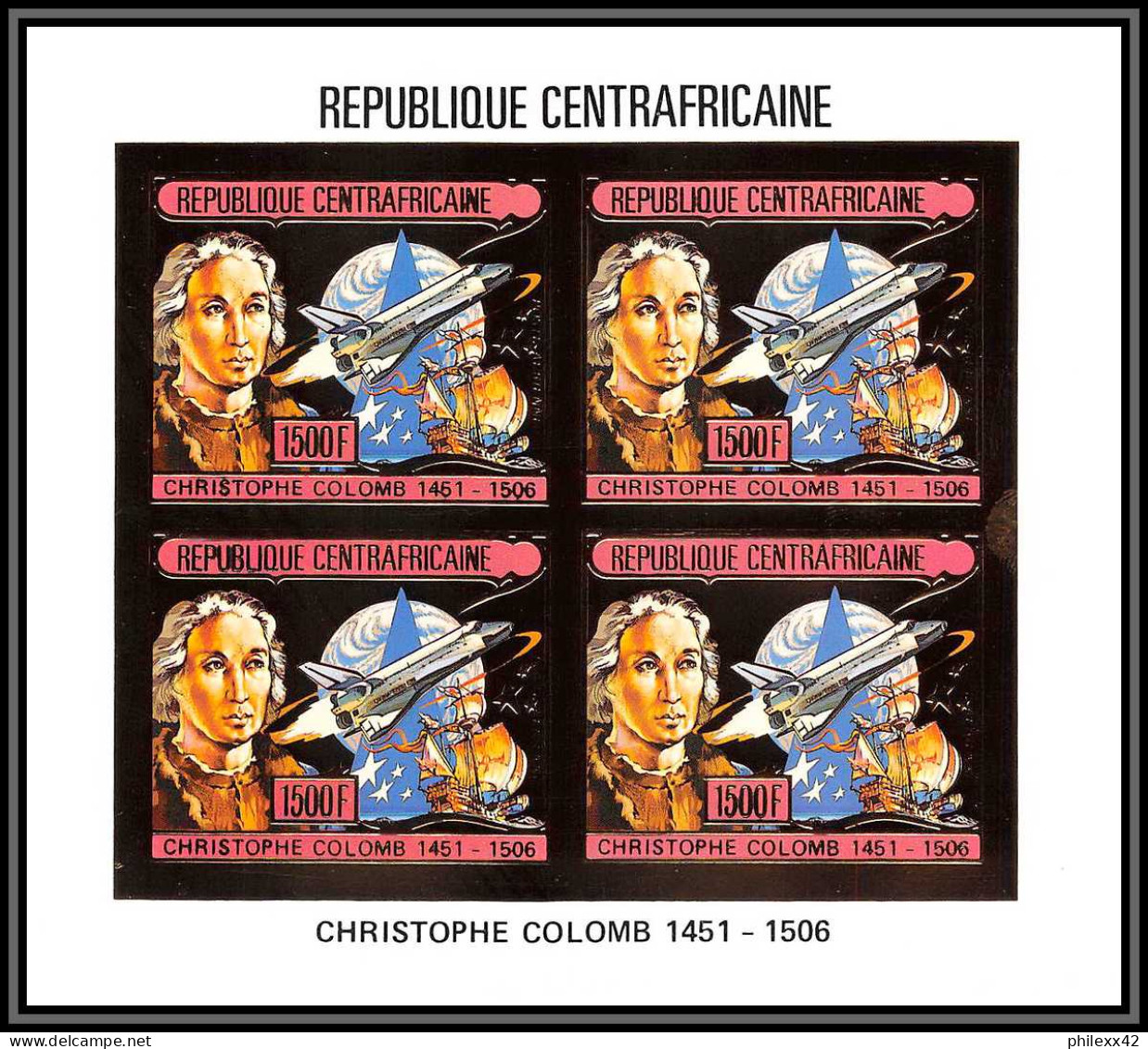 85989/ N°1201 B Christophe Colomb Christopher Columbus Centrafricaine OR Gold ** MNH Space Bloc 4 Non Dentelé Imperf - Cristóbal Colón