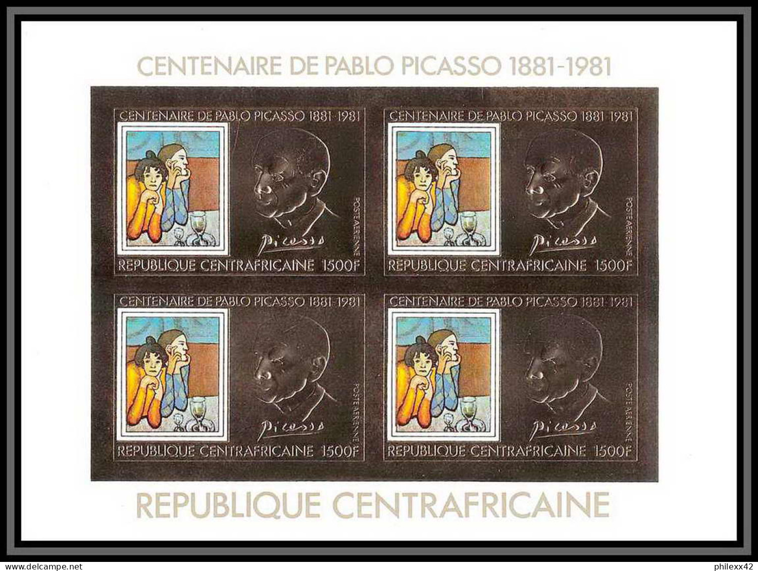 86005/ N°748 B 1981 Picasso Tableau Painting Centrafricaine OR Gold ** MNH Non Dentelé Imperf Bloc 4 Cote 100 Discount - Picasso