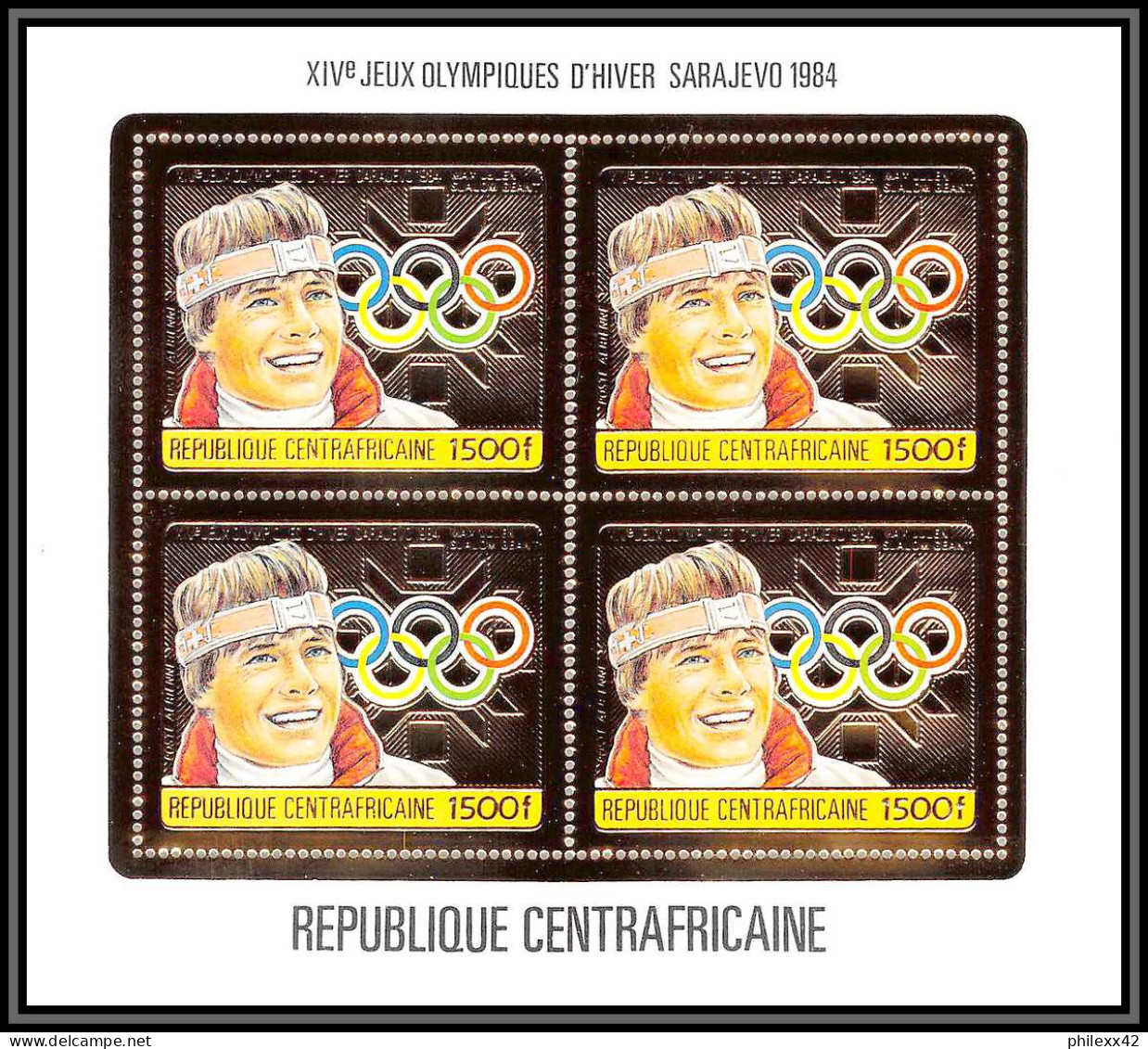 86054/ N°1069 A Max Julen Suisse Sarajevo Jeux Olympiques Olympic Games 1984 Centrafricaine OR Gold MNH Bloc 4 Discount - Winter 1984: Sarajevo