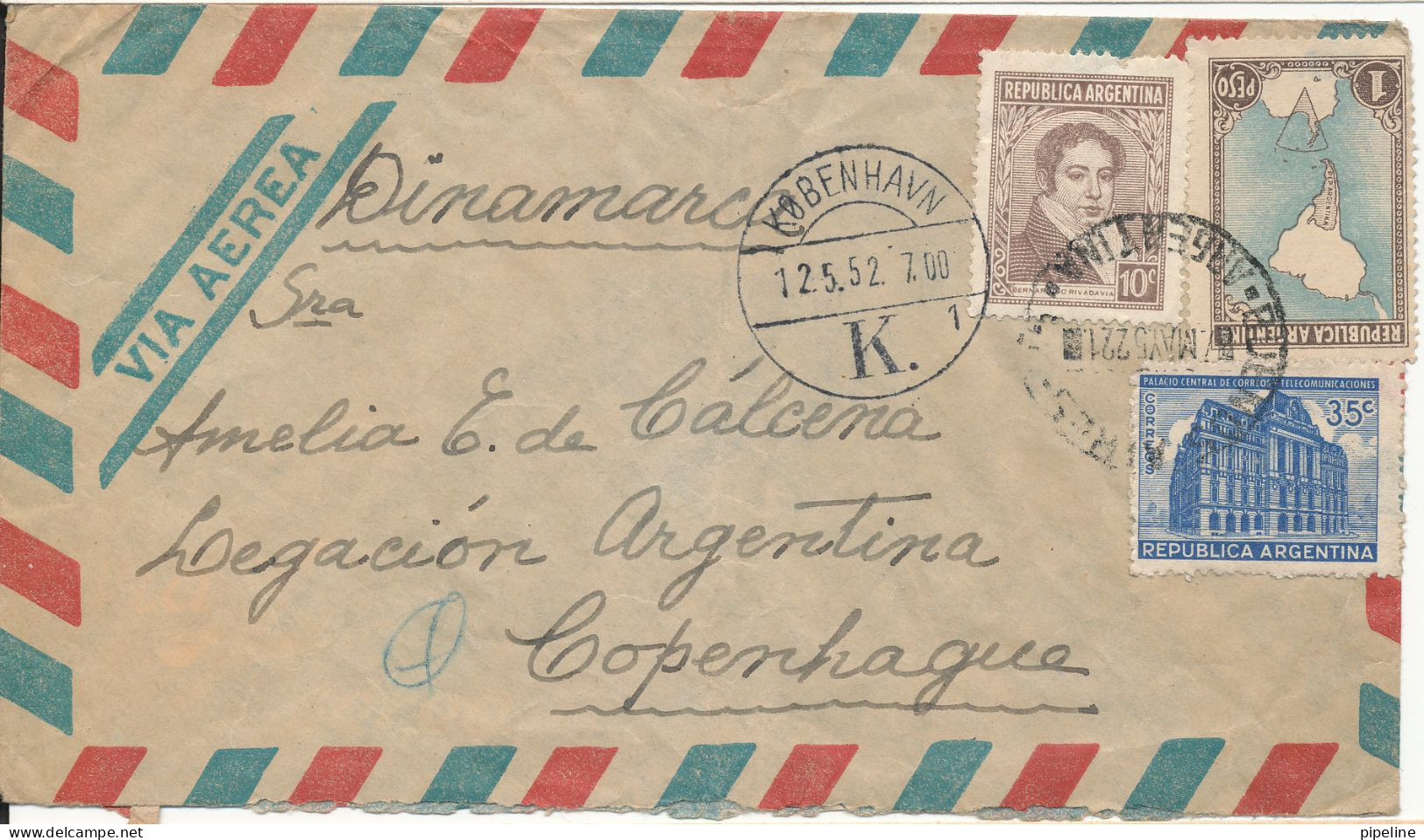 Argentina Air Mail Cover Sent To Denmark 7-5-1952 Topic Stamps Incl. MAP (light Bended Cover) - Aéreo