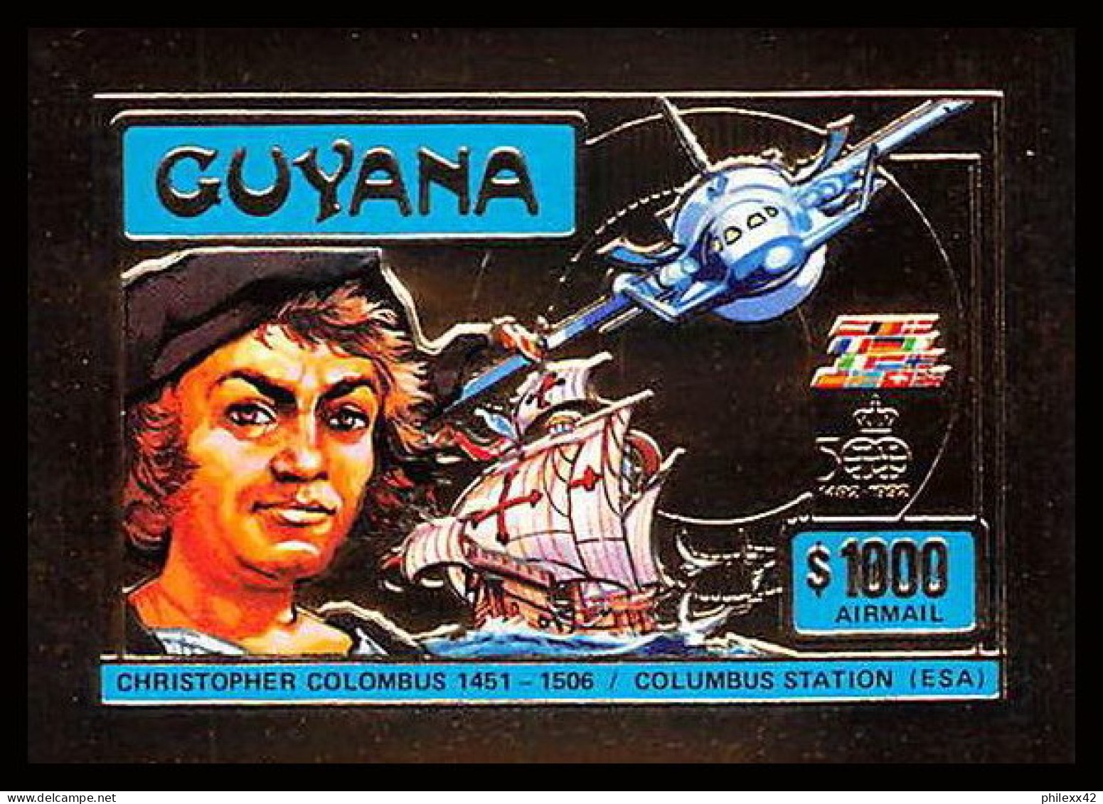 86147d Guyana Mi N°230 B Christophe Colomb Columbus Colon Station Espace (space) OR Gold ** MNH 1992 Non Dentelé Imperf - Christoffel Columbus