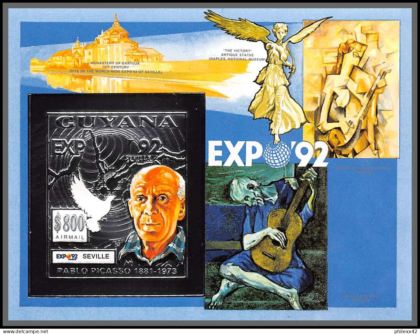 86149b/ Guyana Mi N°233 B Pablo PICASSO Expo Seville 92 ARGENT SILVER Tableau (Painting) DOVE ** MNH Non Dentelé Imperf - Picasso