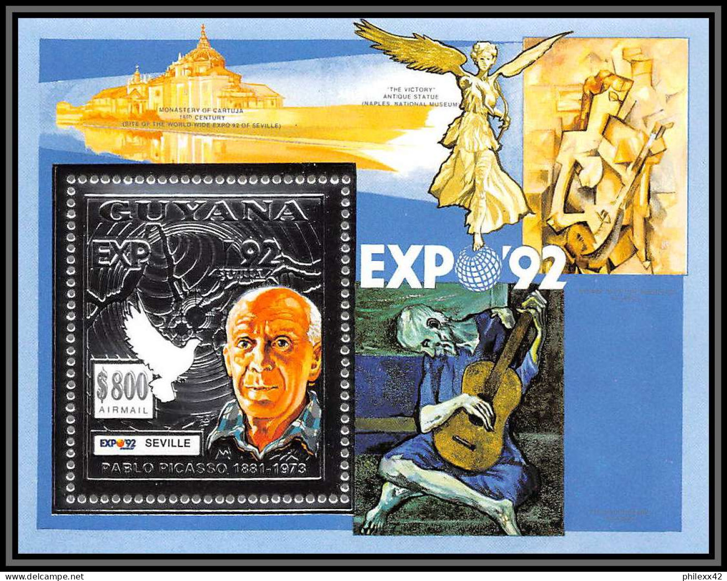 86149/ Guyana Mi N°233 A Pablo PICASSO Expo Seville 92 ARGENT SILVER Tableau (Painting) DOVE COLOMBE ** MNH - Picasso