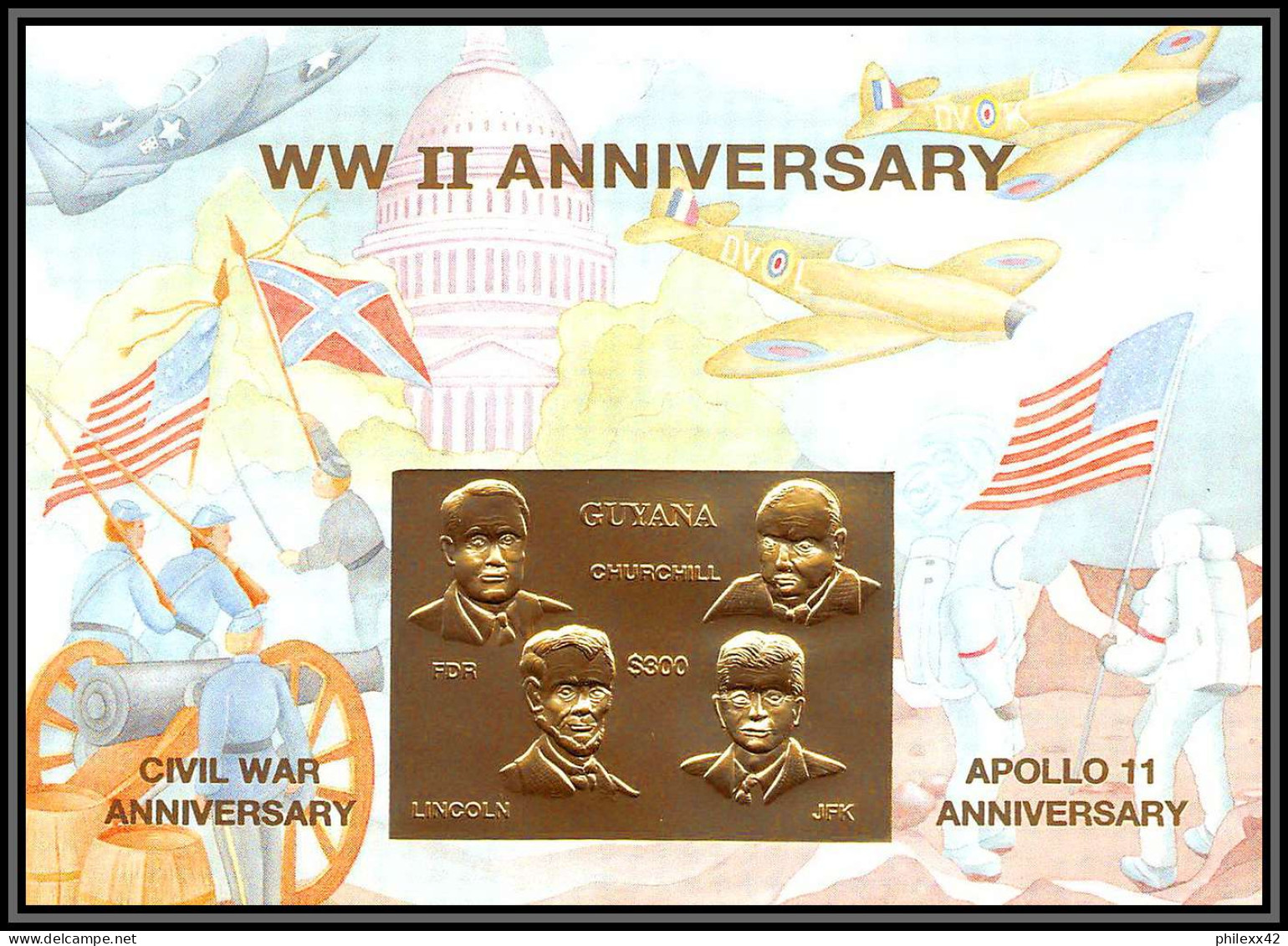 86202/ Guyana Mi N°397 OR Gold ** MNH Apollo 11 And World War 2 Anniversary Espace (space) Churchill Kennedy Armstrong - Sud America