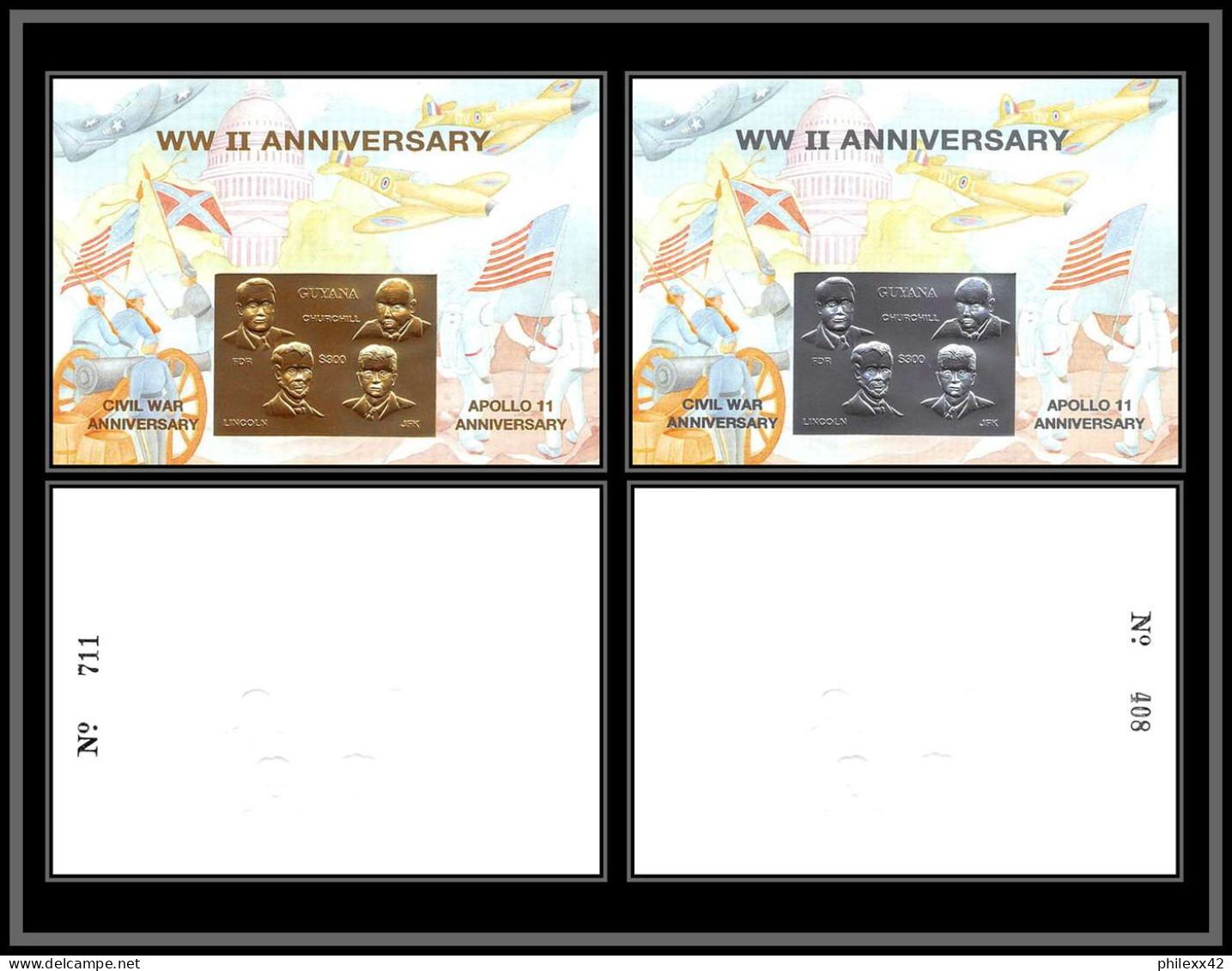 86202c Guyana Mi N°397/398 Silver Gold Or Argen Apollo 11 Espace Space Churchill Kennedy Armstrong Lincoln 1994 Numéroté - América Del Sur