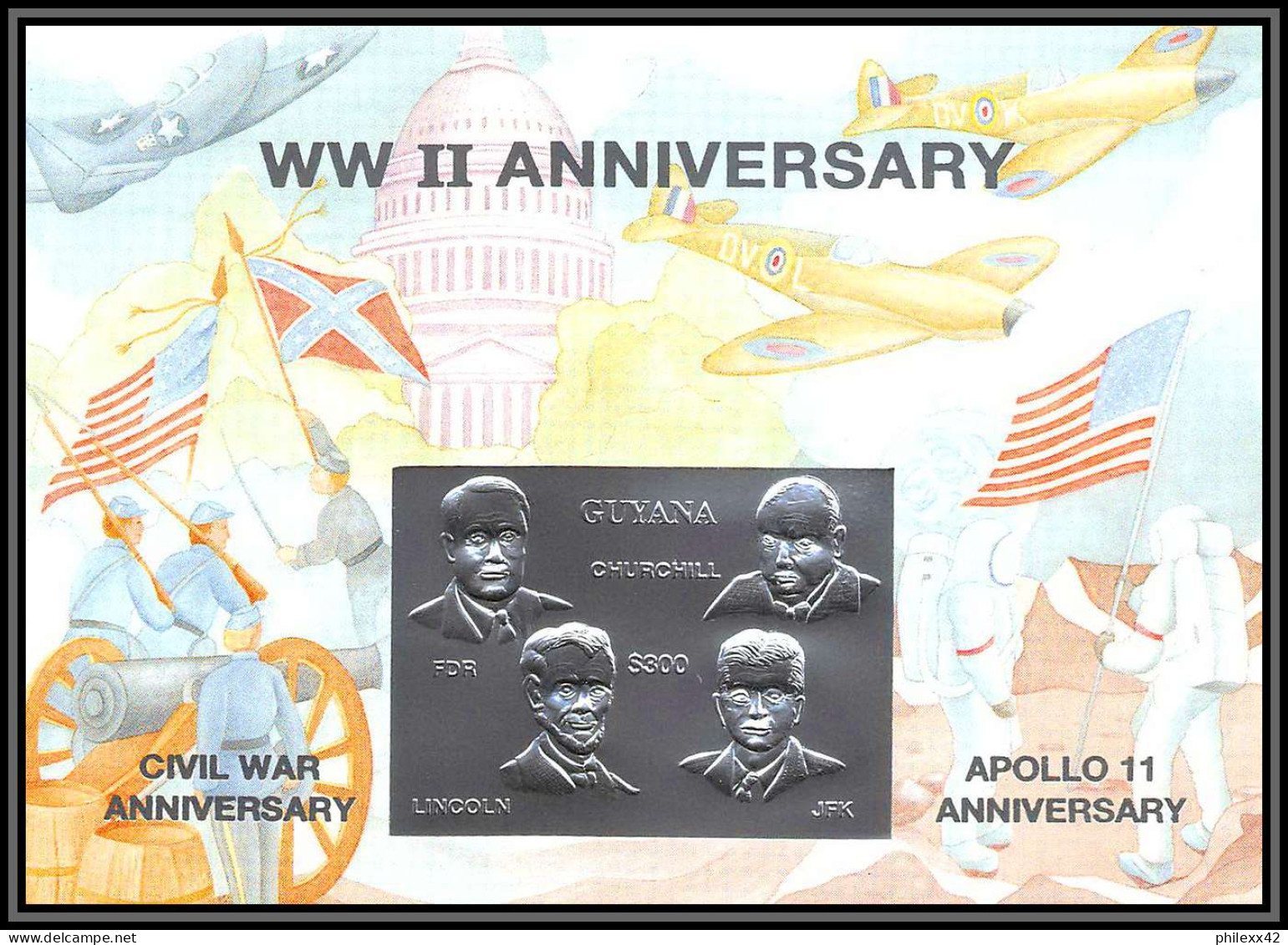 86202c Guyana Mi N°397/398 Silver Gold Or Argen Apollo 11 Espace Space Churchill Kennedy Armstrong Lincoln 1994 Numéroté - Sud America