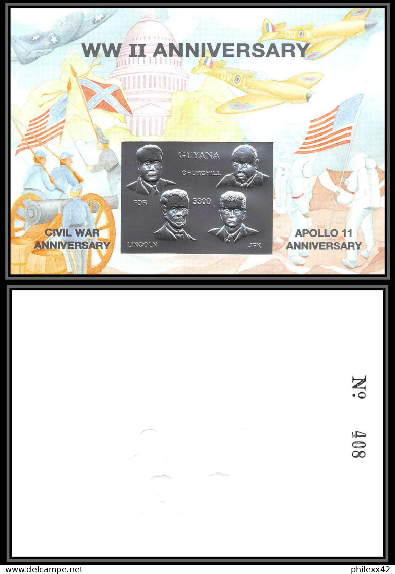 86203/ Guyana Mi N°398 Silver Argent Apollo 11 World War 2 Anniversary Espace Space Churchill Kennedy Armstrong Lincoln - Amérique Du Sud