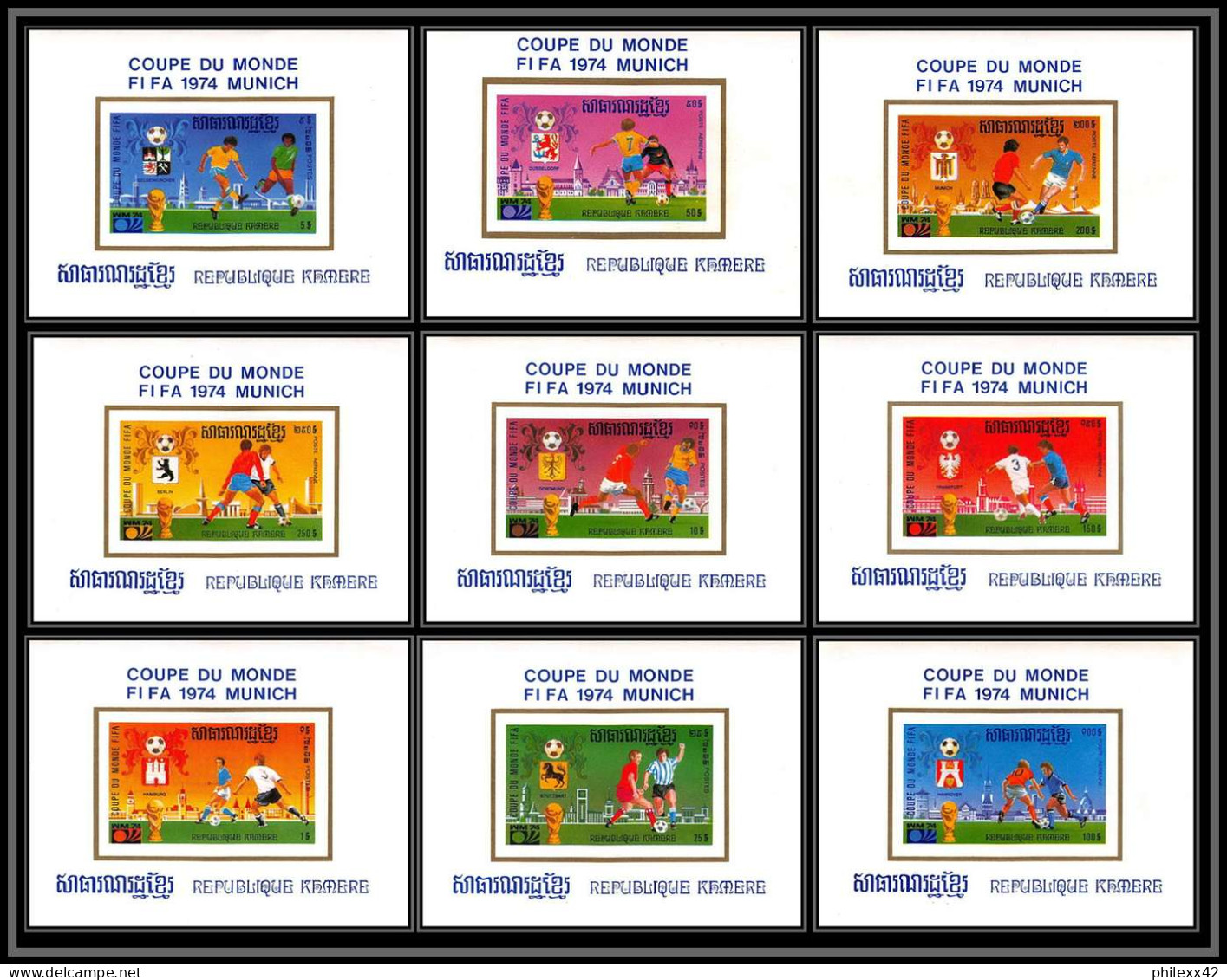 86224 Mi N°420/428 Football Soccer Munich Wold Cup 1974 Deluxe Miniature Sheets ** MNH Khmère Cambodia Cambodge - 1974 – Westdeutschland