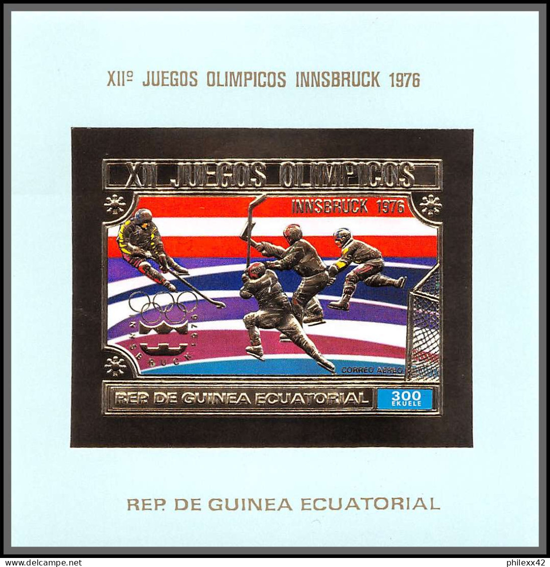 86346 Mi Bl A161 Innsbruck HOCKEY Non Dentelé Imperf Jeux Olympiques (olympic Games) Guinée équatoriale Guinea OR Gold - Hockey (sur Glace)