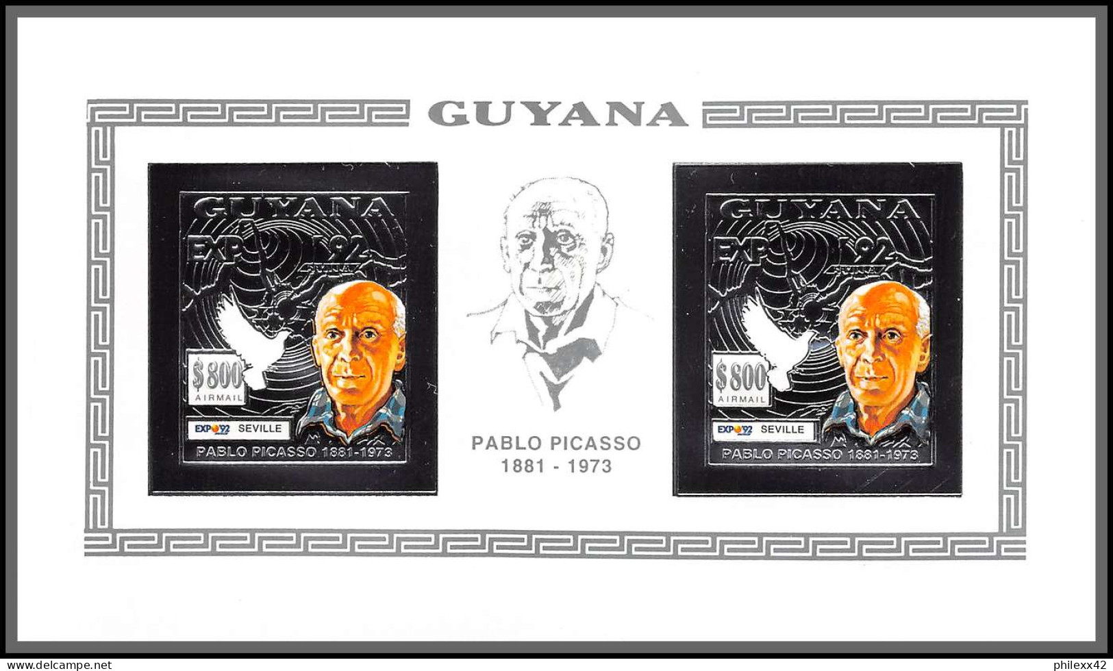 86347 Guyana Mi 3988 B Paire Pablo PICASSO Expo Seville 92 ARGENT SILVER Tableau Painting DOVE ** MNH Non Dentelé Imperf - Picasso