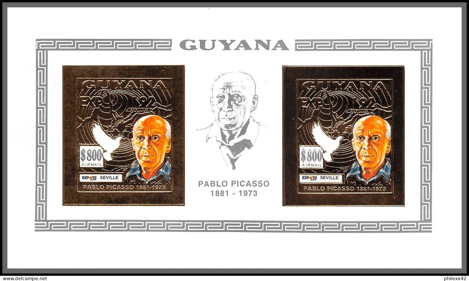 86349 Guyana Mi 3987 B Paire Pablo PICASSO Expo Seville 92 Gold Or Tableau Painting ** MNH Non Dentelé Imperf - Picasso
