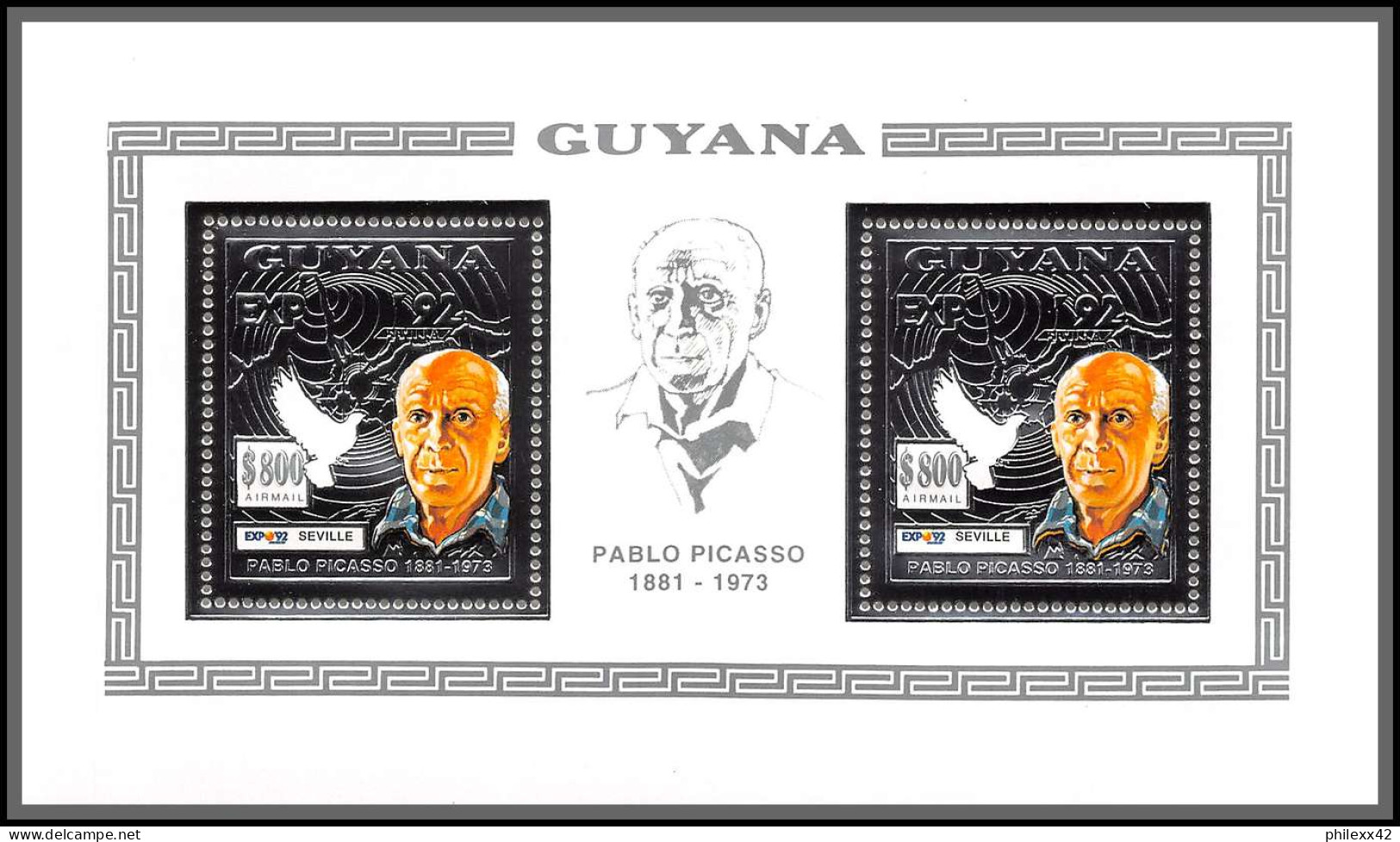 86352 Guyana Mi 3988 A Paire Pablo PICASSO Expo Seville 92 Argent Silver Tableau Painting DOVE ** MNH  - Picasso