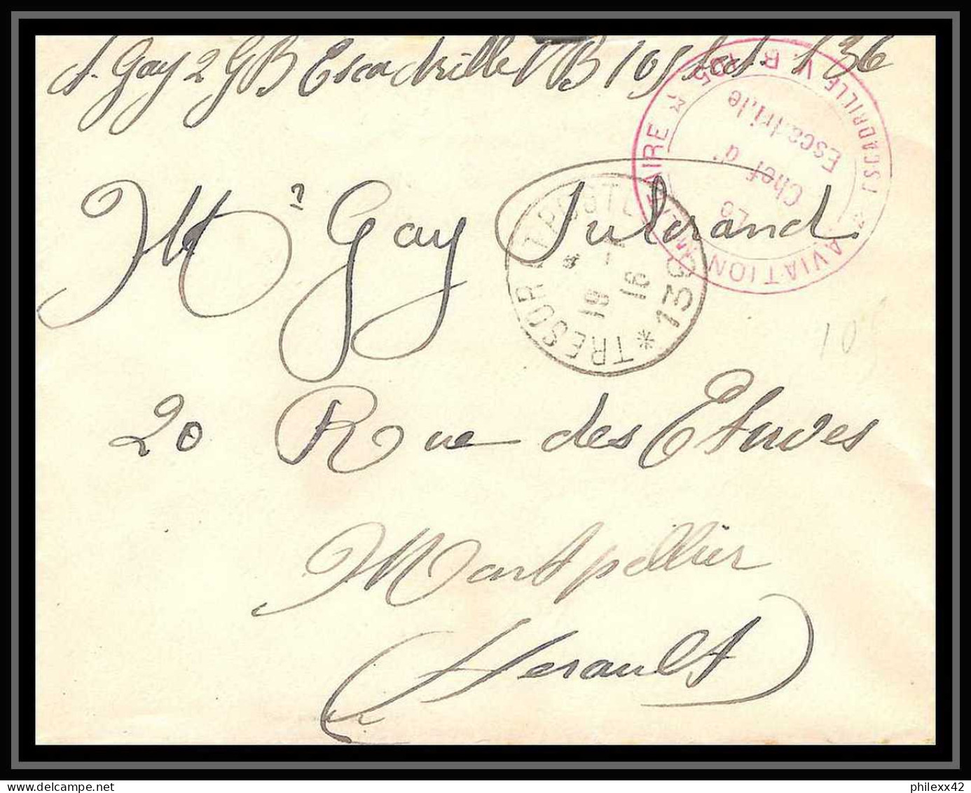 42053/ Lettre Cover Aviation Militaire Escadrille N°105 En Rouge Secteur 136 Pour Montpellier 1916 Guerre 1914/1918 War  - Militärische Luftpost