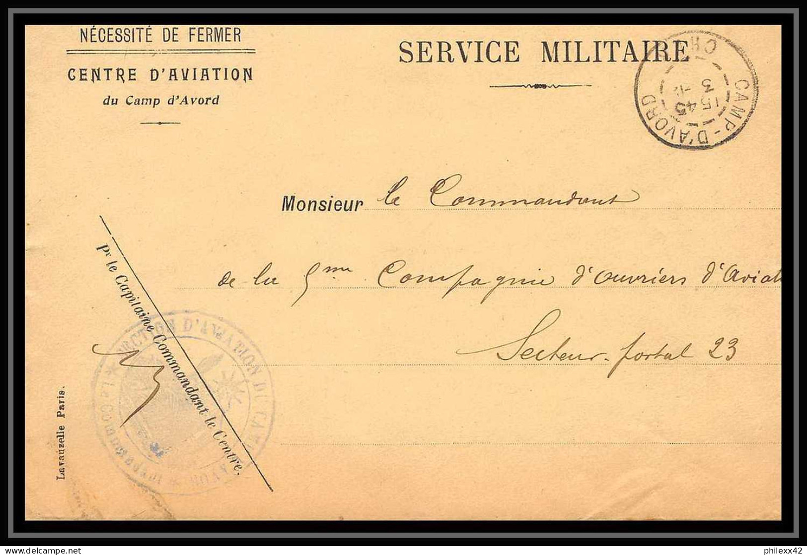 42078/ Lettre Cover Aviation Militaire Centre D'aviation Du Camp D'avord Pour Secteur 23 1915 Guerre 1914/1918 War  - Militärische Luftpost