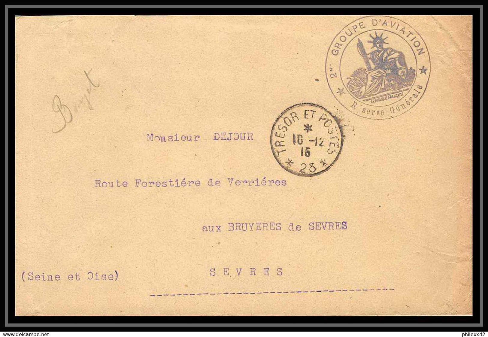 42080/ Lettre Cover Aviation Militaire 2ème Groupe Reserve Generale Secteur 23 Pour Sevres 1915 Guerre 1914/1918 War  - Posta Aerea Militare