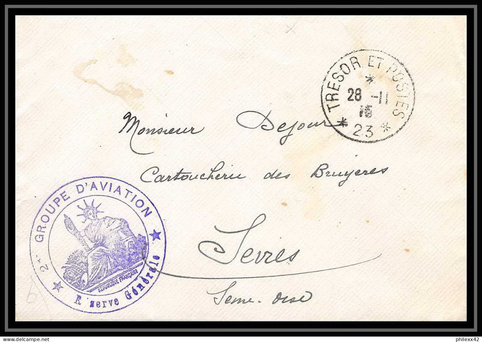 42081/ Lettre Cover Aviation Militaire 2ème Groupe Reserve Generale Secteur 23 Pour Sevres 1915 Guerre 1914/1918 War  - Military Airmail