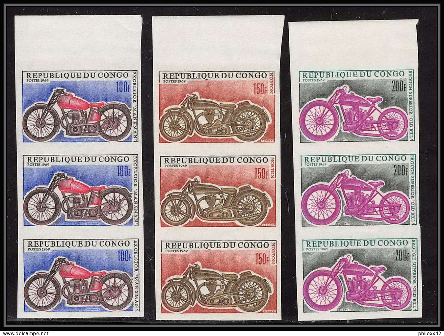 0610b Congo Moto 3 Bandes De 3 Strip Valeurs Non Dentelé Imperf ** MNH - Motos