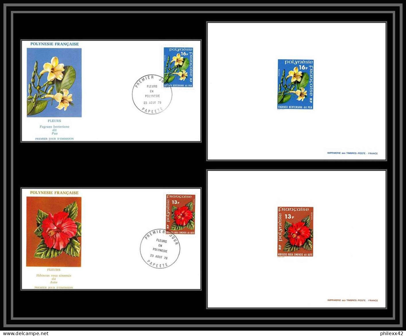 1502 épreuve De Luxe / Deluxe Proof Polynésie (Polynesia) N°119 /120 Fleurs(plants - Flowers) HIBISCUS .. + Fdc TTB - Geschnittene, Druckproben Und Abarten