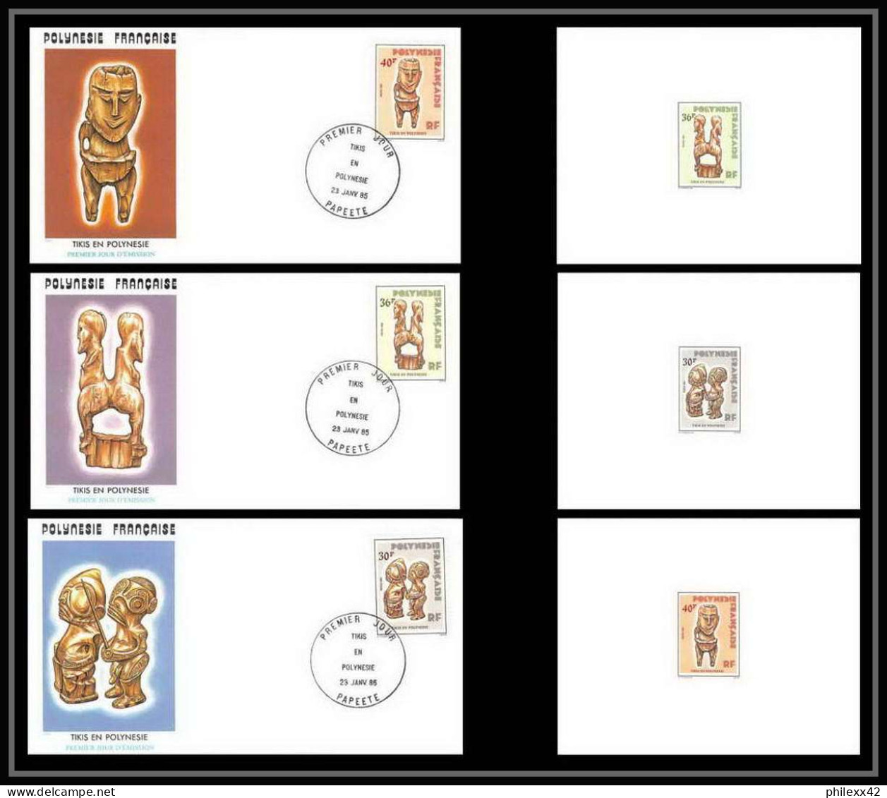 1722 épreuve De Luxe / Deluxe Proof Polynésie (Polynesia) N° 227/229 Tikis En Polynésie Statue Statuette + Fdc - Geschnittene, Druckproben Und Abarten