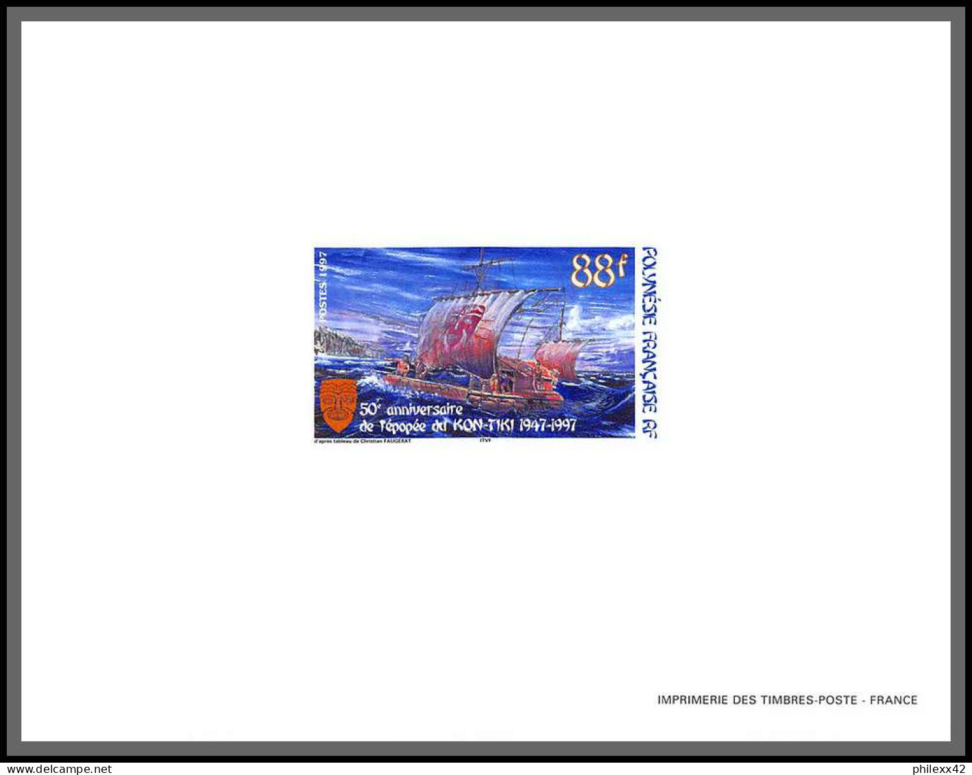 2183/ Polynésie N°548 Radeau Kon-Tiki Raft 1997 Deluxe Bloc Gommé MNH ** Proof - Non Dentelés, épreuves & Variétés