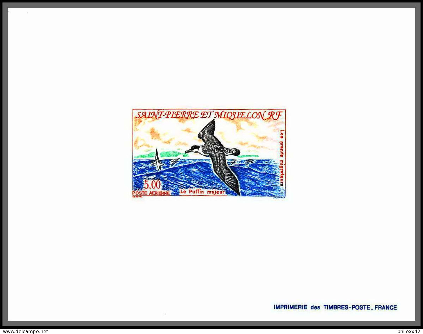2197/ Saint-Pierre Et Miquelon PA N°72 Le Puffin Majeur Shearwater Oiseaux Birds épreuve De Luxe Deluxe Proof 1993 - Imperforates, Proofs & Errors