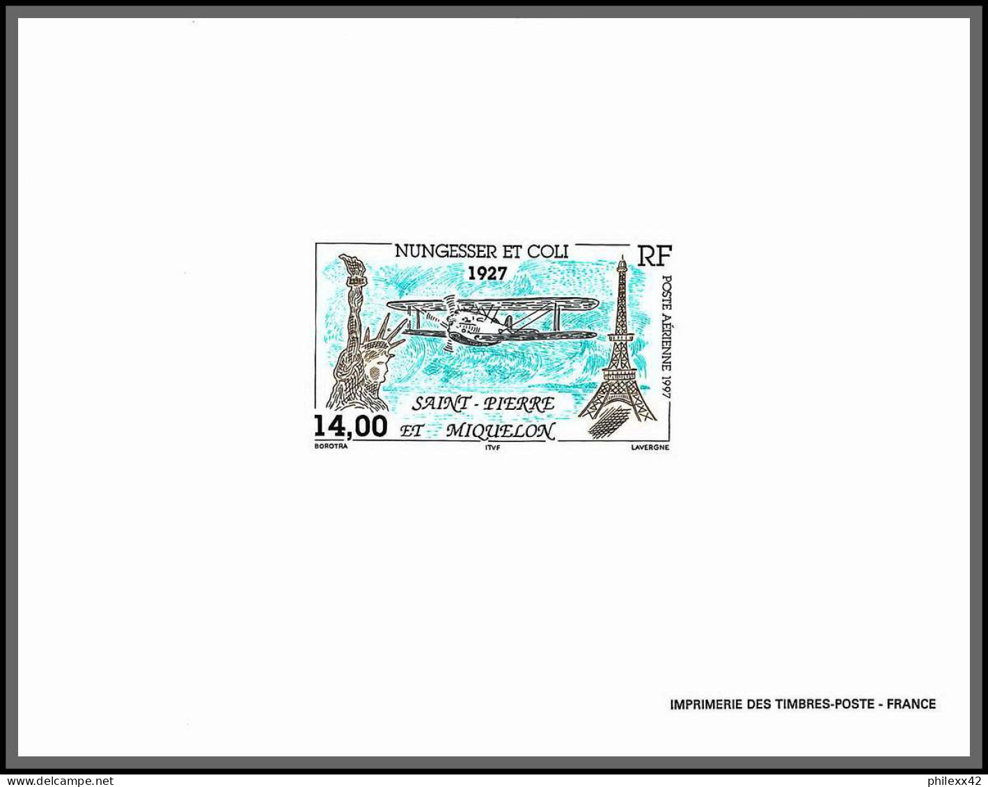 2201/ Saint-Pierre Et Miquelon PA N°77 Avion Nungesser Et Colis Tour Eiffel Liberty Statue Proof  Bloc Gommé ** Mnh 1997 - Geschnittene, Druckproben Und Abarten