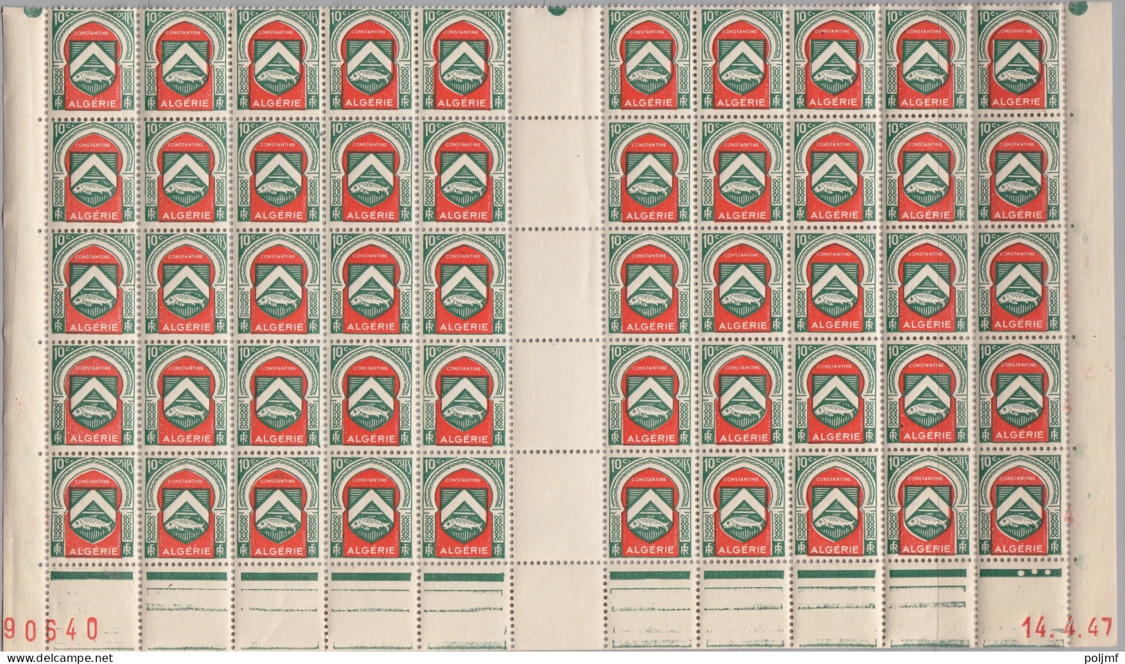 Algérie Demie Feuille De 50 TP N° 254 10c Vert Et Rouge "Armoiries De Constantine", CD Rouge 14.4.47, ** - Neufs