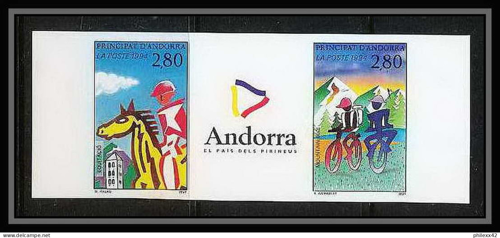 Andorre Andorra Bloc BF + N°450A / 450B Tourisme Et Sport Cheval Poisson Non Dentelé ** MNH Imperf Deluxe Proof - Blocks & Sheetlets