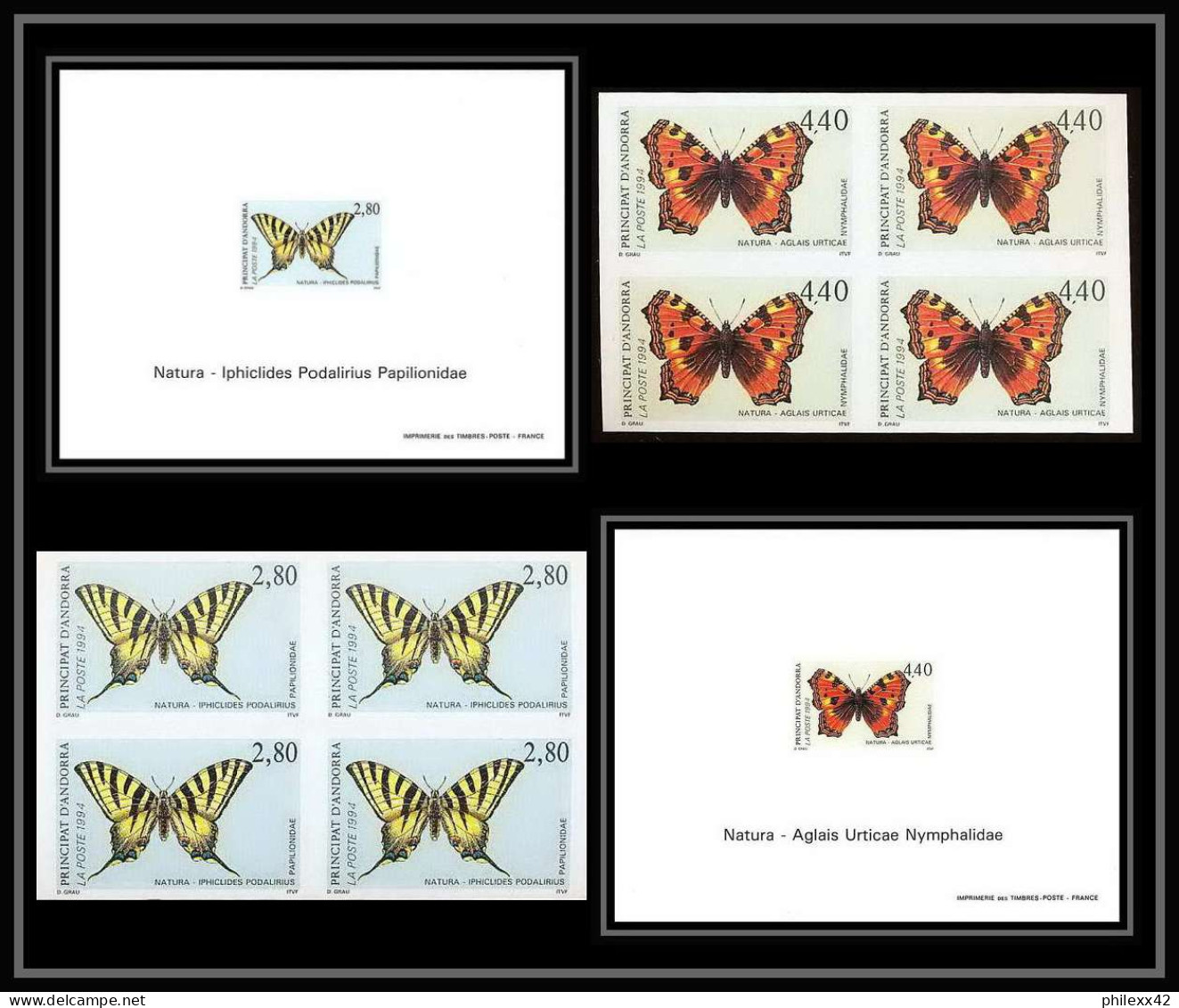 Andorre Andorra Bloc Feuillet Gommé N°451/452 Papillons Butterflies + Bloc 4  Non Dentelé ** MNH Imperf Deluxe Proof - Blocks & Sheetlets