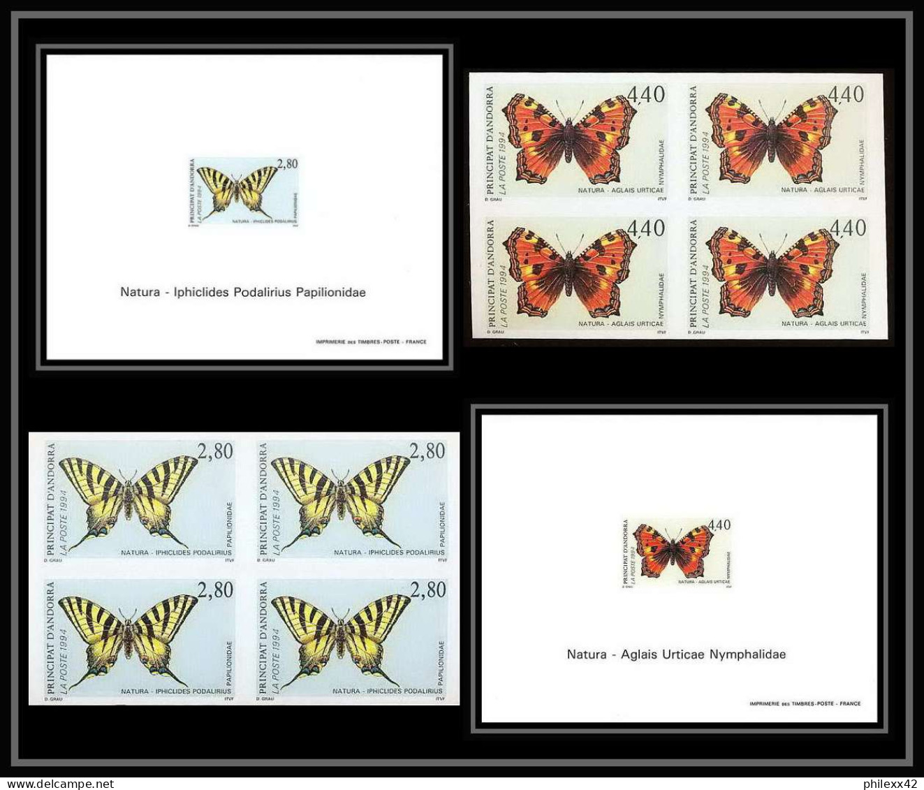 Andorre Andorra Bloc Feuillet Gommé N°451/452 Papillons Butterflies + Bloc 4  Non Dentelé ** MNH Imperf Deluxe Proof - Blocchi & Foglietti