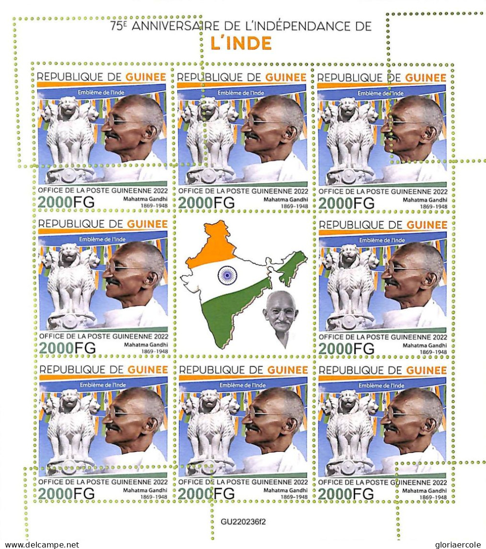 A9513 - REP.GUINEE - ERROR MISPERF Stamp Sheet - 2022 - Mahatma Gandhi - Mahatma Gandhi